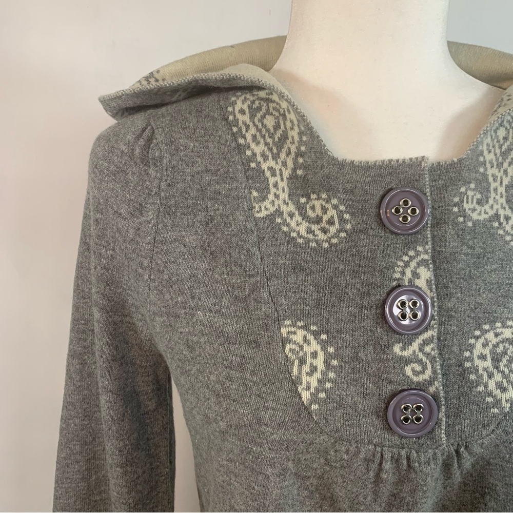 Lapis Wool Hoodie Sweater Tunic Fluted Sleeve Empire Waist Paisley Grey Cream M - Picture 5 of 16